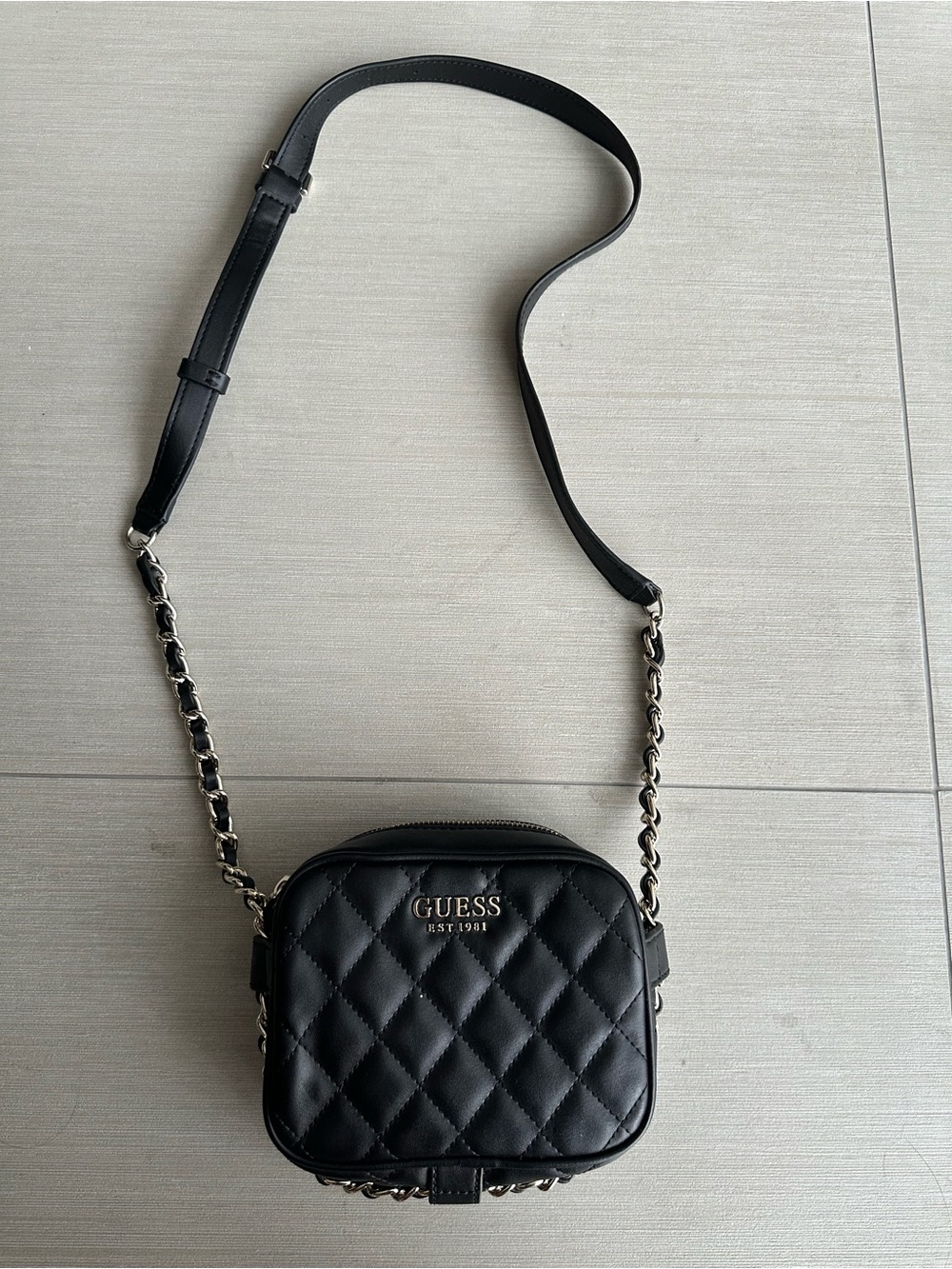 GUESS Black Quilted Crossbody Camera Bag with Chain Strap